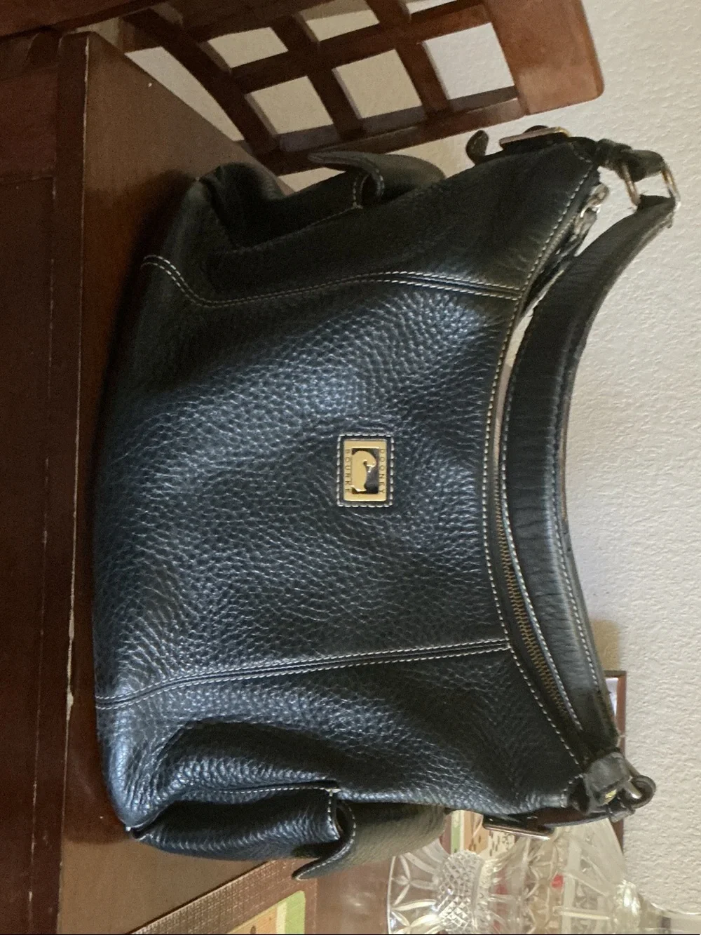 Black Pebbled Leather Shoulder Bag with Gold Logo Plaque